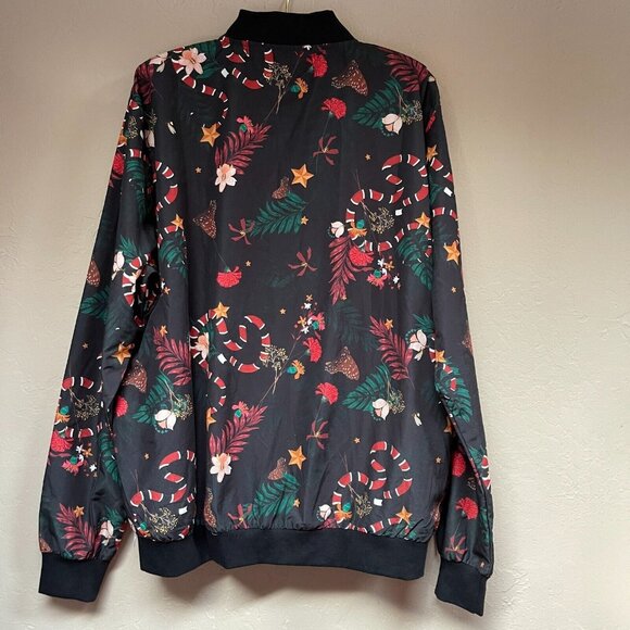 BoohooMan Womens Full Zip Jacket XL Star Floral Print Black Christmas Holiday - Picture 2 of 9